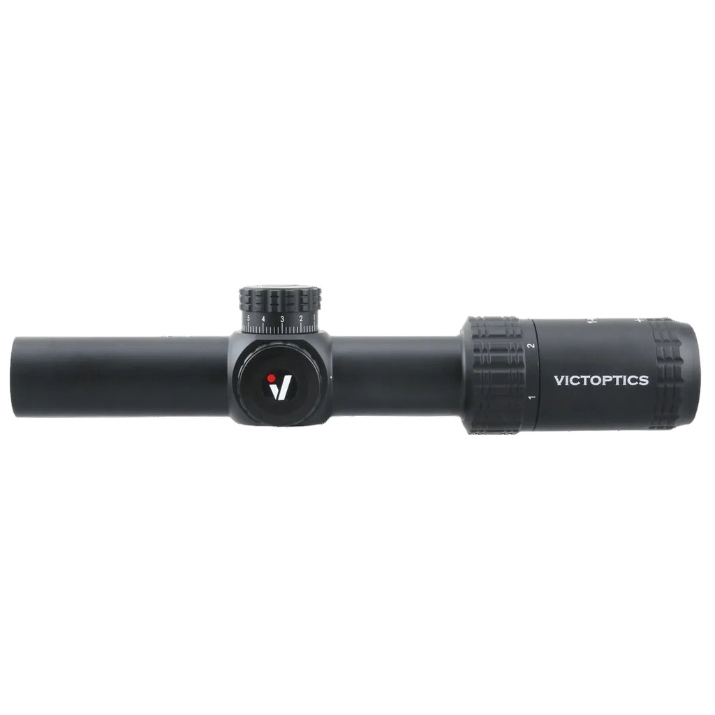 Black VictOptics rifle scope on a white background