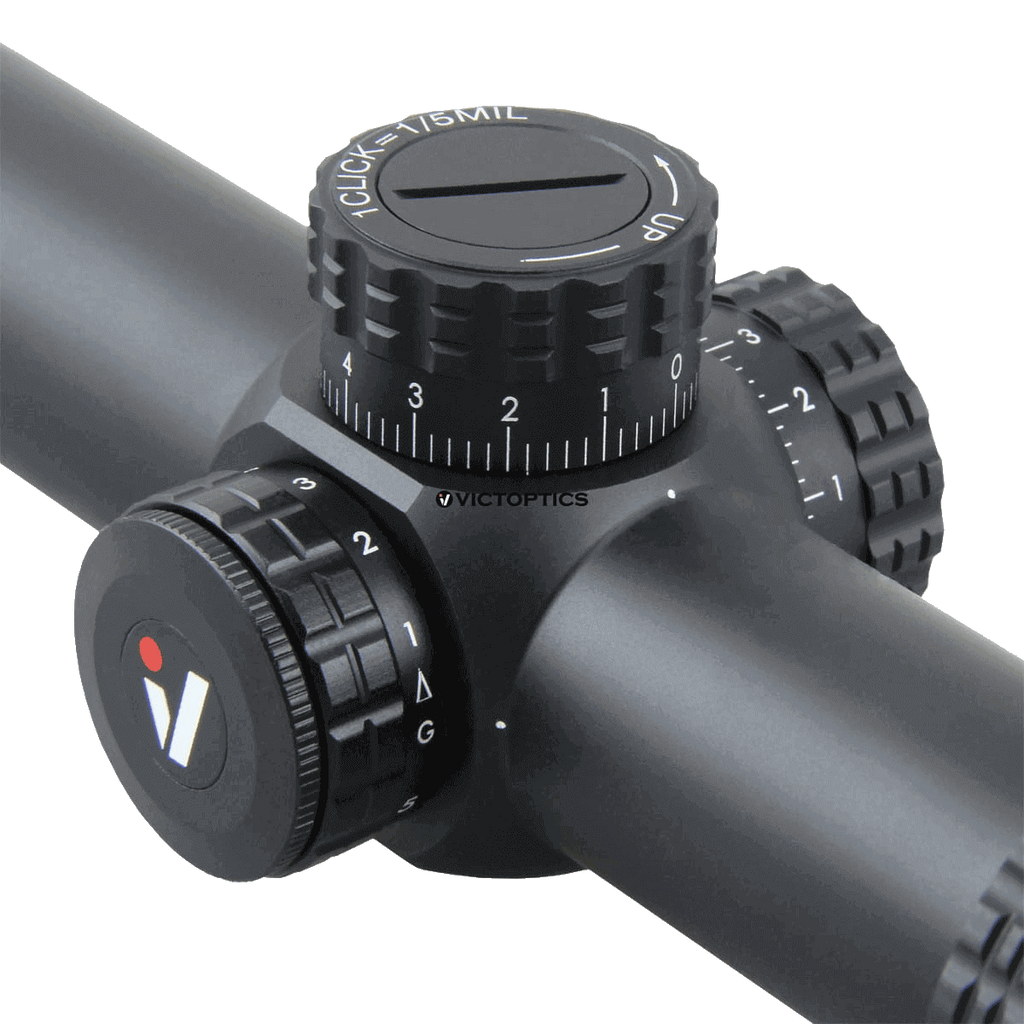 Close-up of a rifle scope with adjustable knobs on a white background