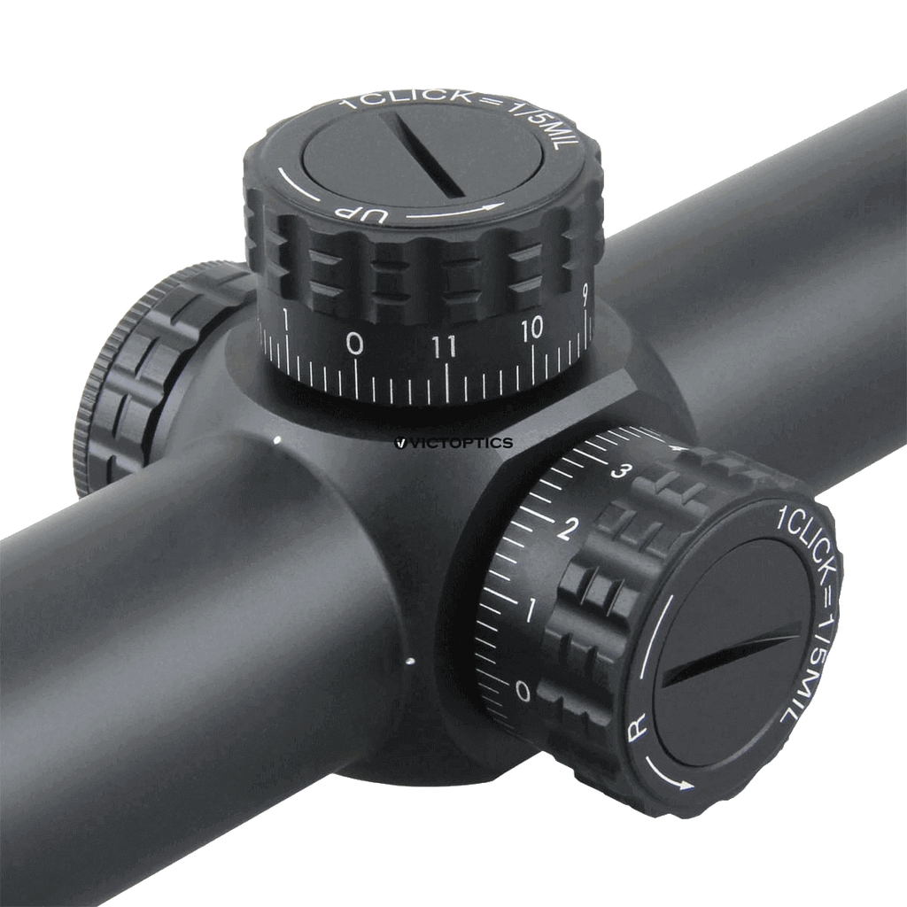 Close-up of a black rifle scope with adjustable dials on a white background