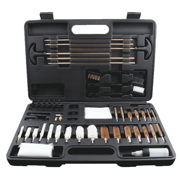 Black gun cleaning kit with various tools in a case on a white background