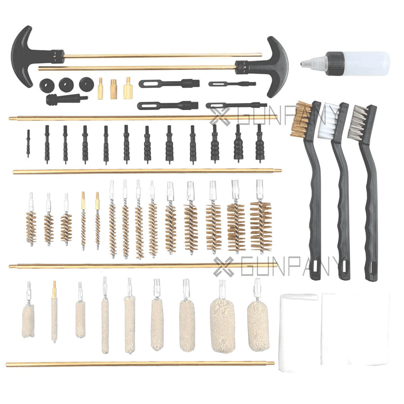Assorted gun cleaning tools on a white background