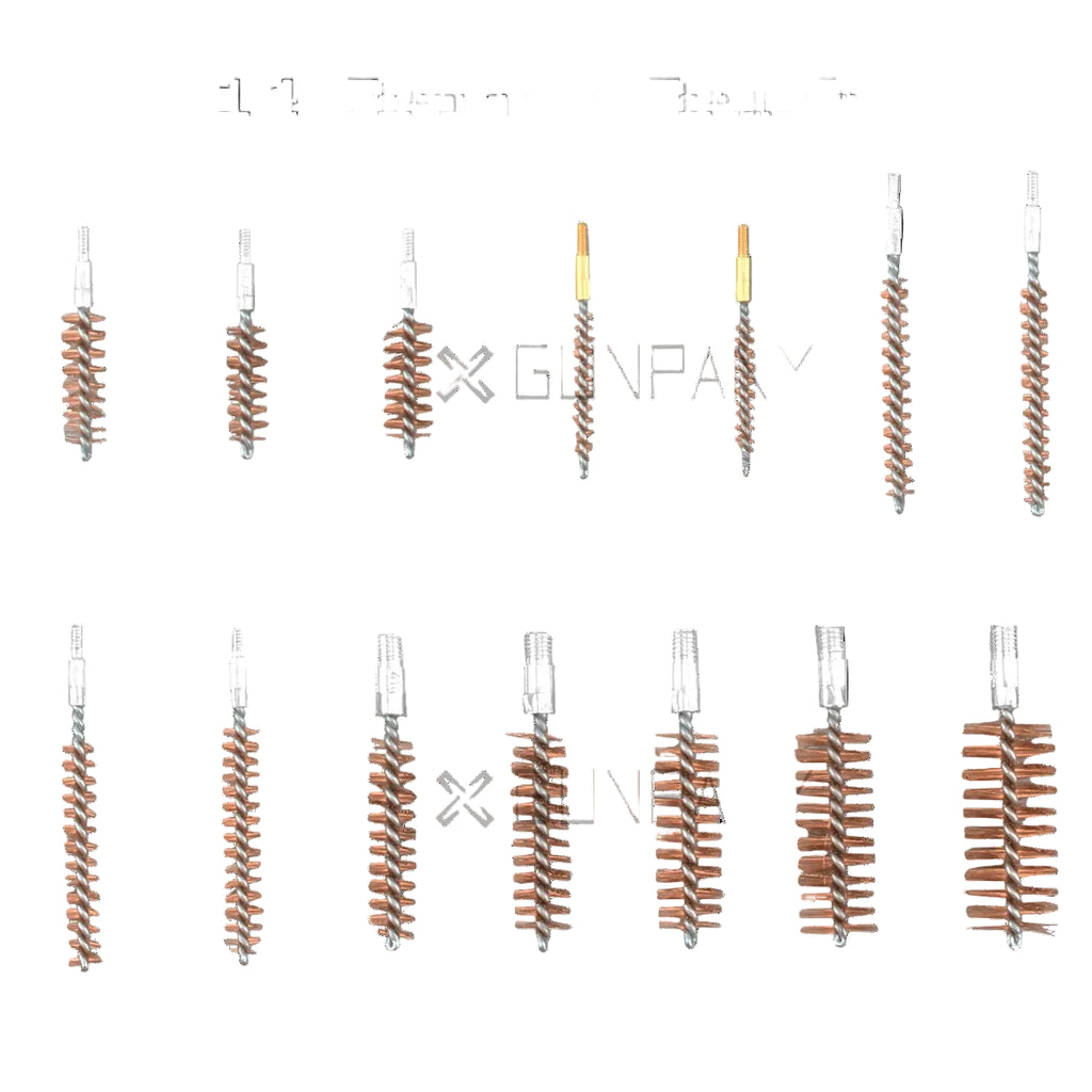 Collection of bronze brushes with different specifications labeled below on a white background.