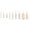 Set of 9 cotton mops with gauge measurements on a white background