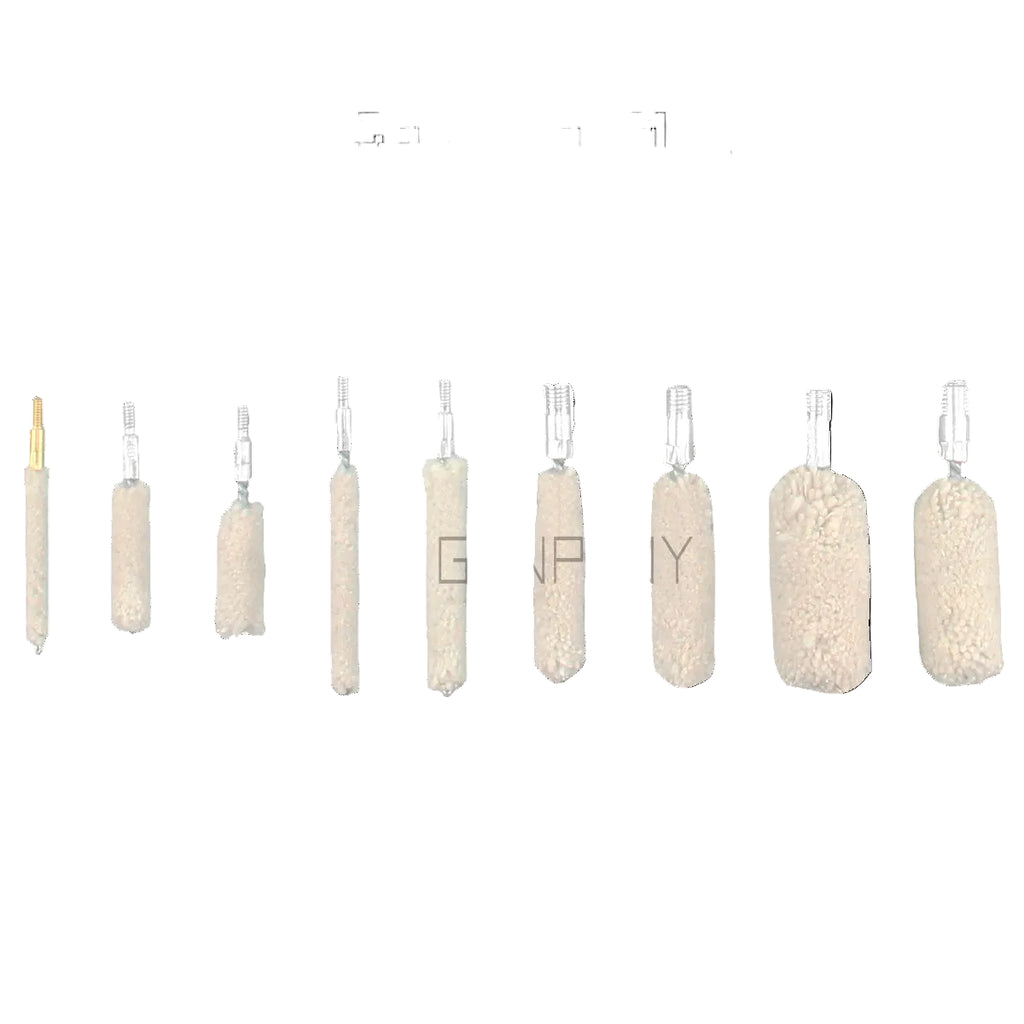 Set of 9 cotton mops with gauge measurements on a white background