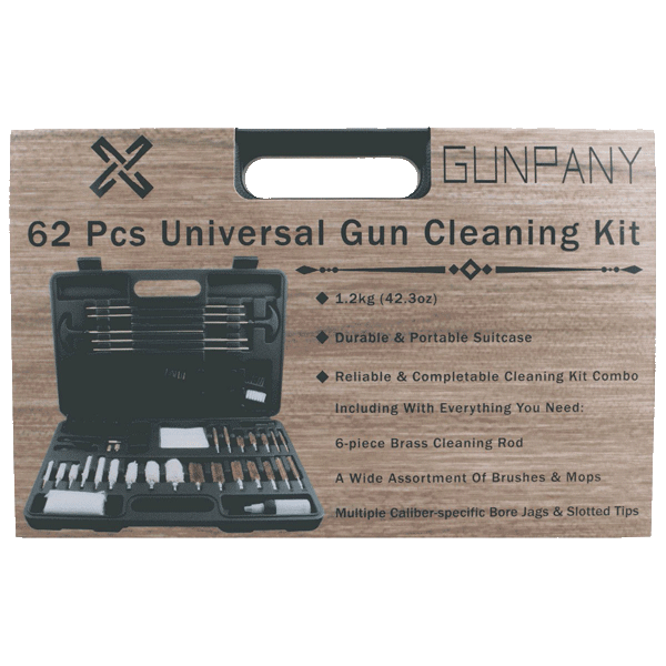 62-piece universal gun cleaning kit with wooden packaging and product display