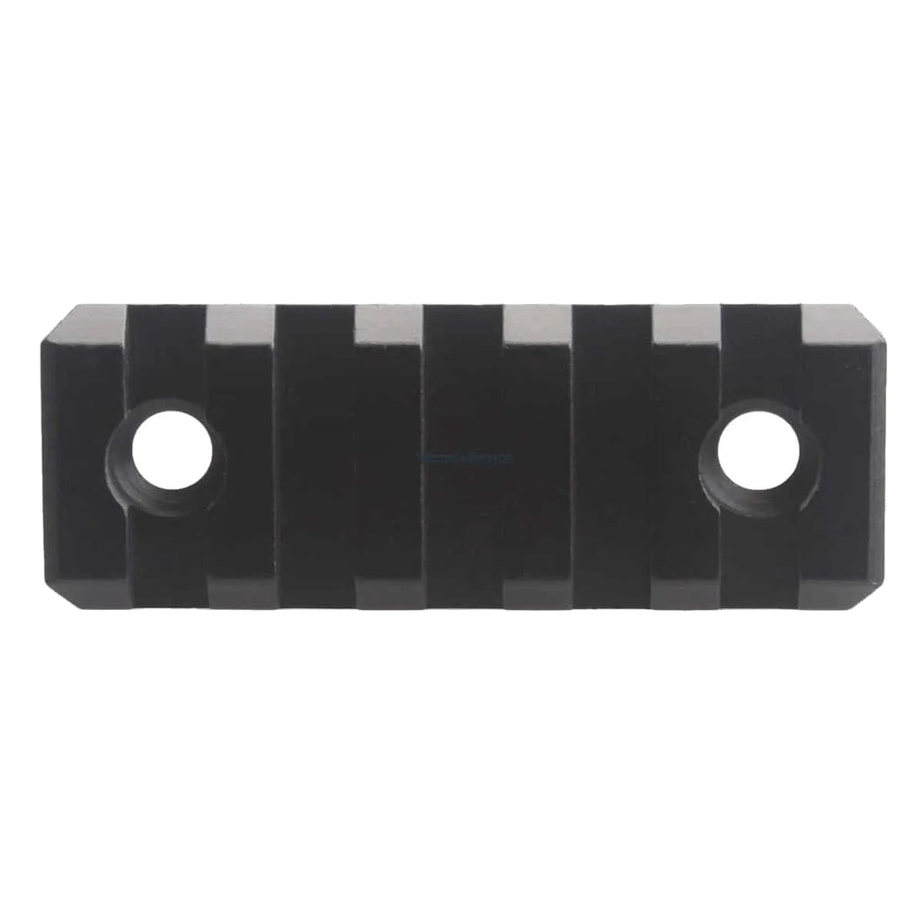 Black metal bracket with two holes on a white background