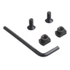 Set of black screws and a wrench on a white background