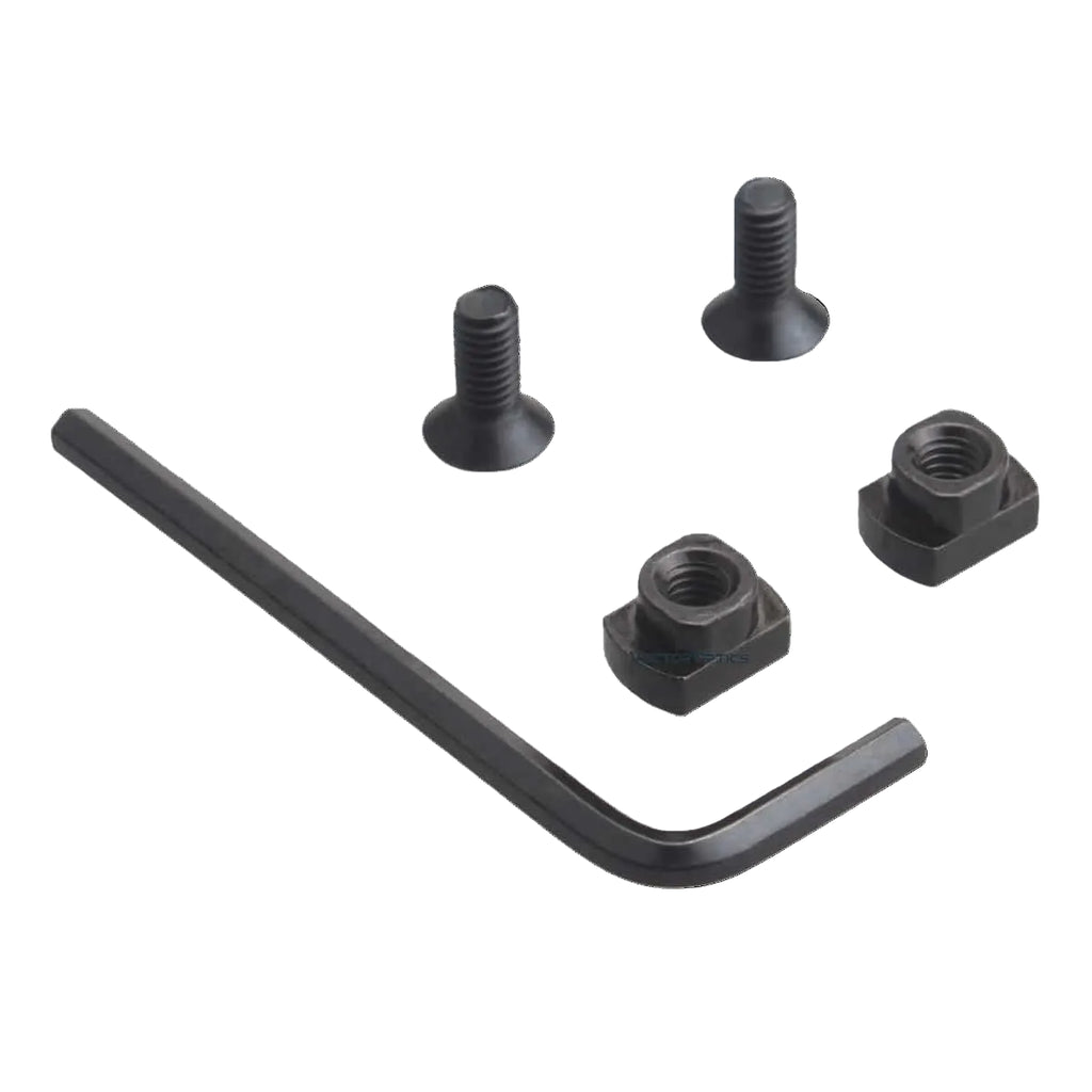 Set of black screws and a wrench on a white background