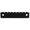 Black metal bracket with two holes on a white background