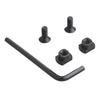 Set of black screws and a wrench on a white background
