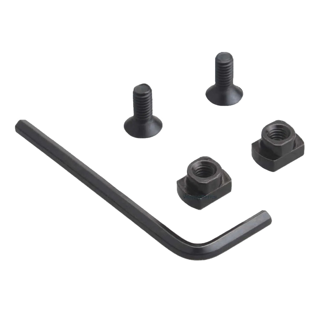 Set of black screws and a wrench on a white background