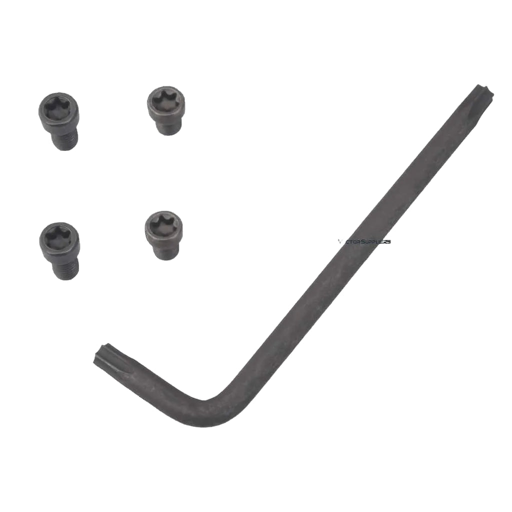 Hex key wrench with five black hex bolts on a white background
