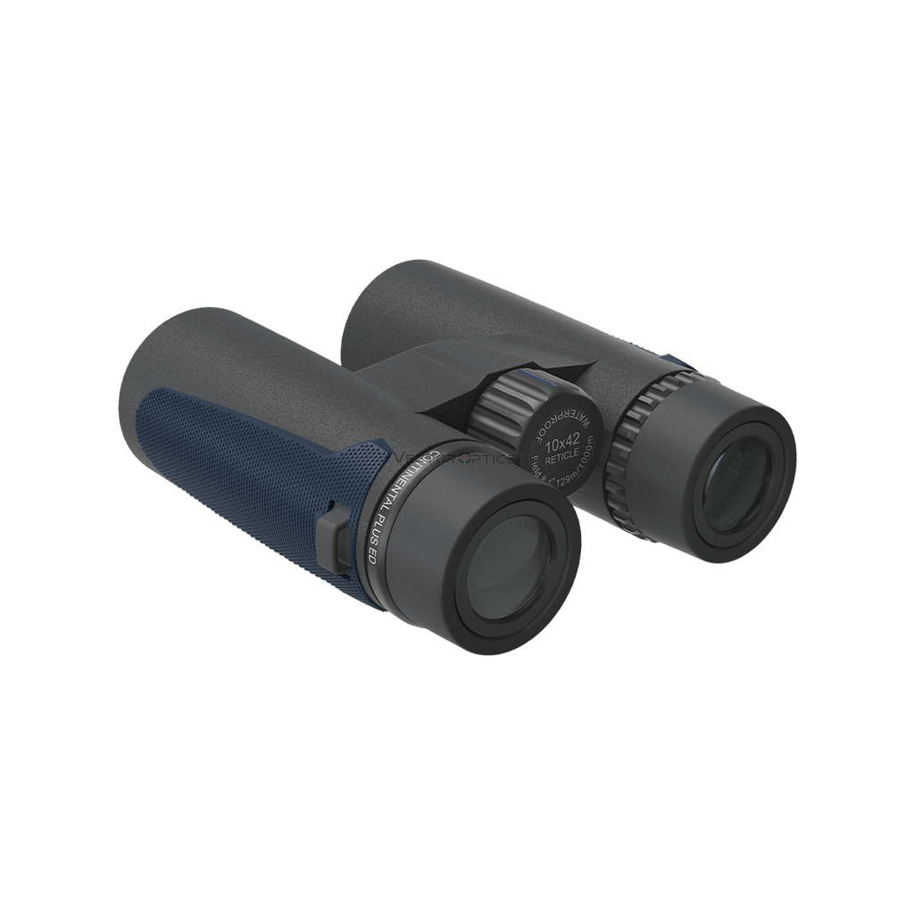 Black binoculars with blue accents on a white background