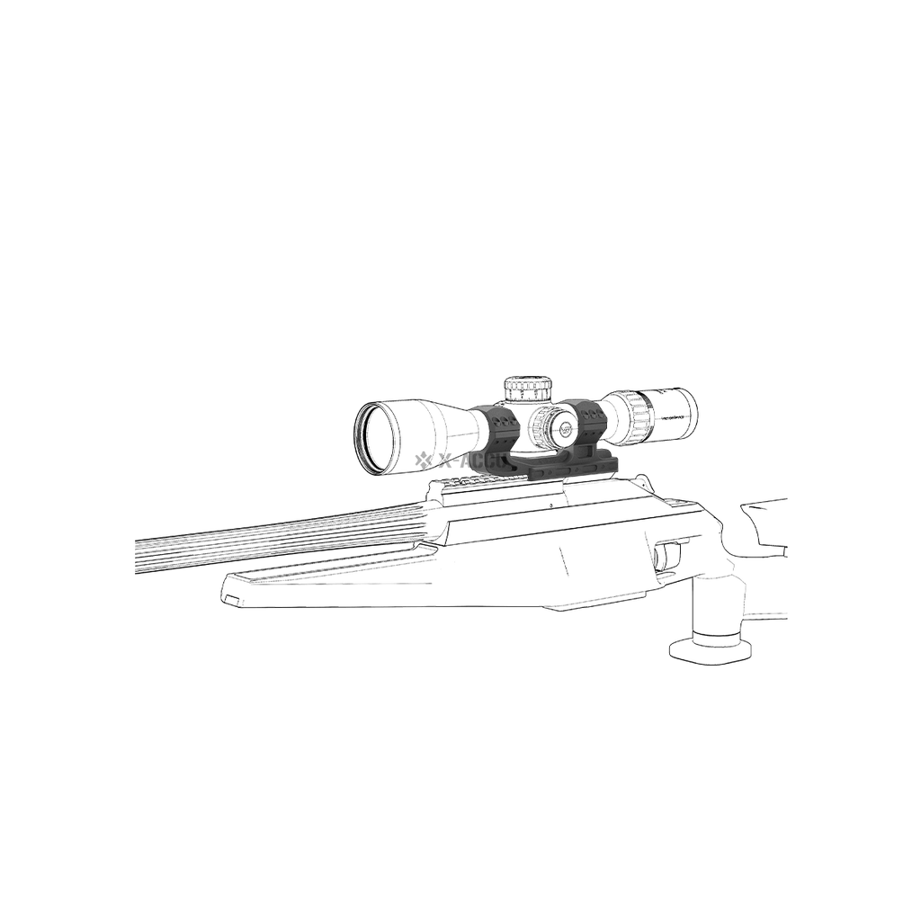 Line drawing of a rifle with a scope on a white background