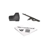 Two black rifle scope components and a cleaning cloth with Vector Optics branding on a white background.