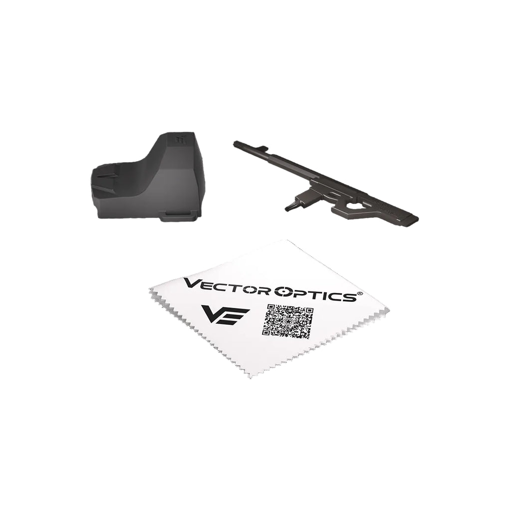 Two black rifle scope components and a cleaning cloth with Vector Optics branding on a white background.