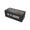 Black X-ACCU battery box with branding on a white background