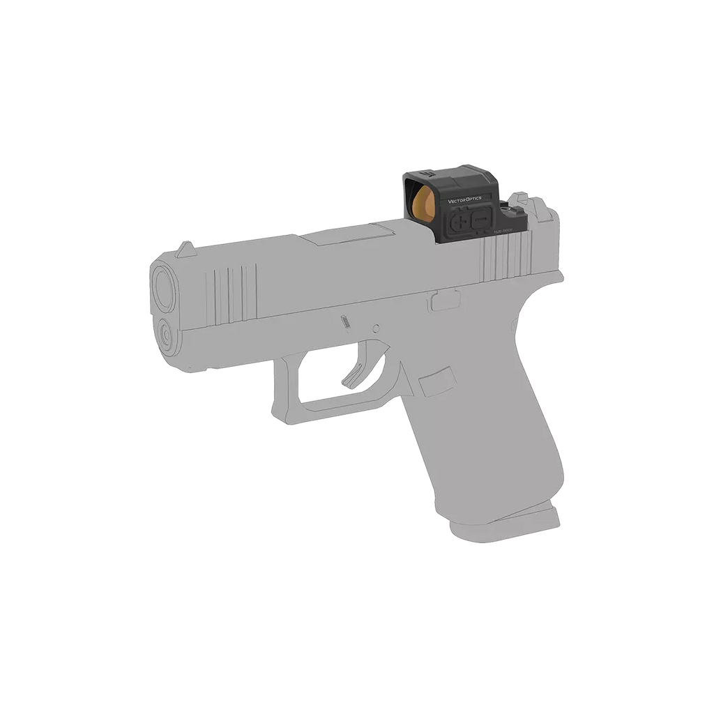 Gray handgun with a red dot sight on a white background