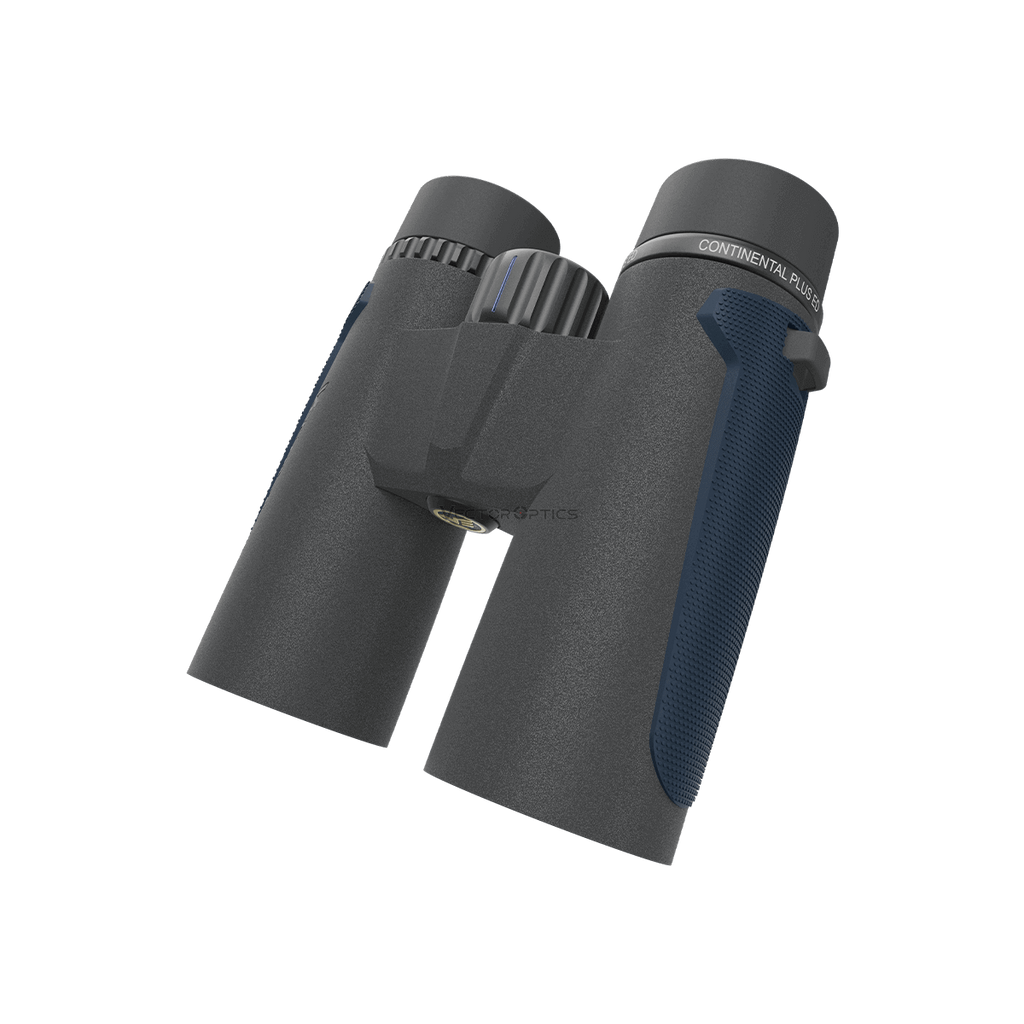 Black binoculars with blue accents on a white background