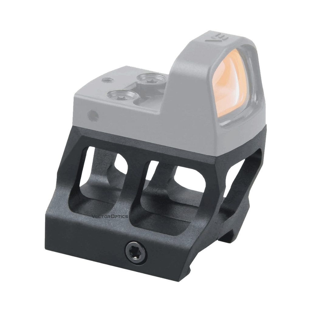 Red dot sight with a black mount on a white background
