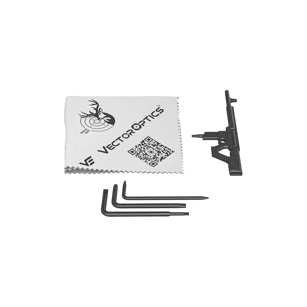 Vector Optics cleaning kit with cloth, hex keys, and tool on a white background