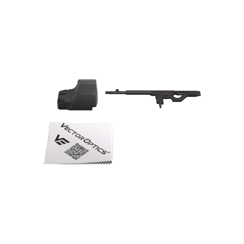 Black rifle scope and cleaning cloth with Vector Optics logo on a white background