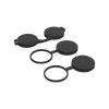 Set of black camera lens caps on a white background