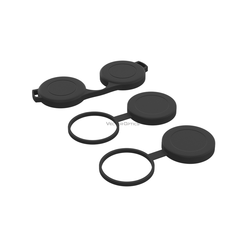 Set of black camera lens caps on a white background