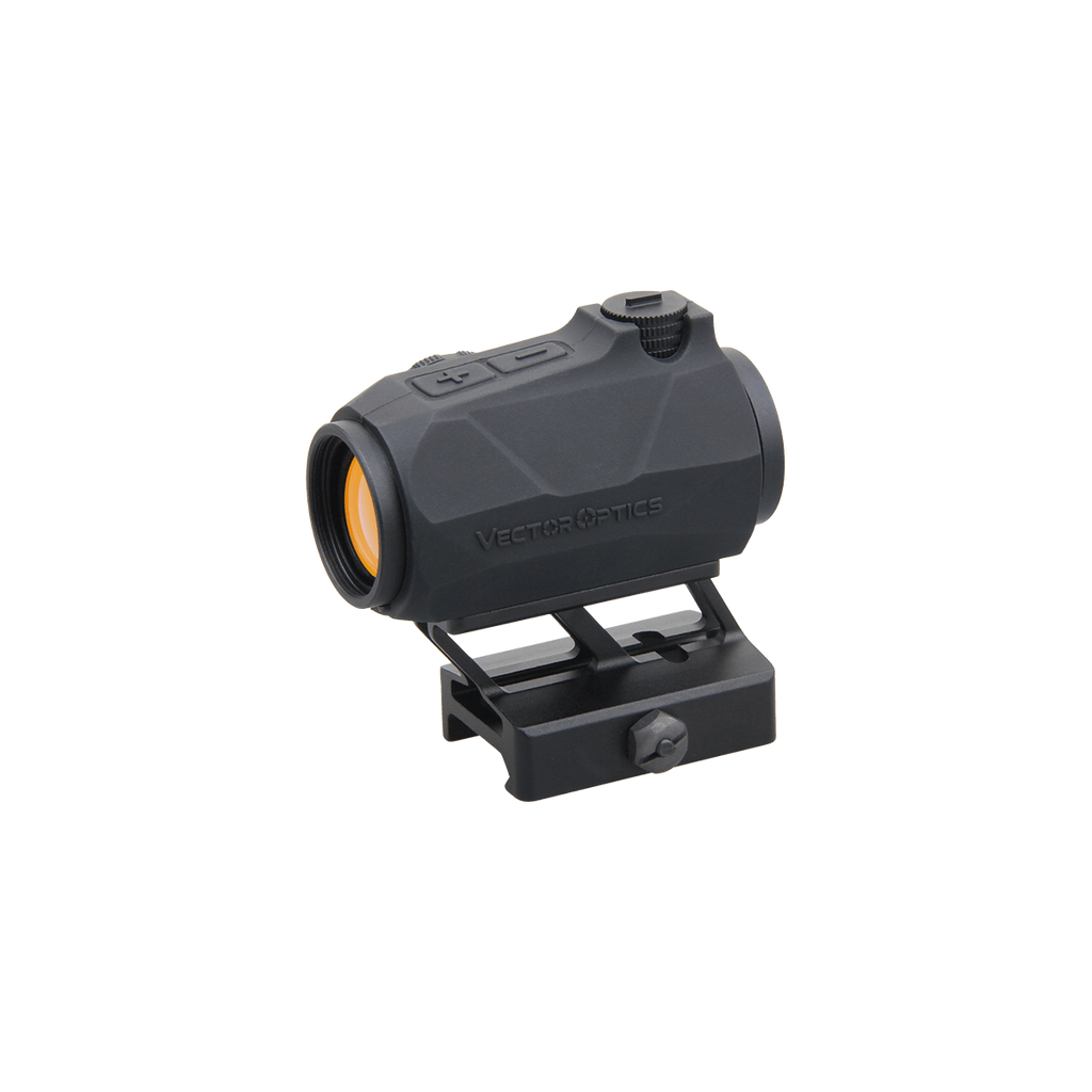 Black tactical sight with orange lens on a white background