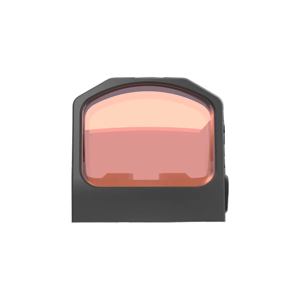 Rectangular device with a pinkish-red lens on a white background