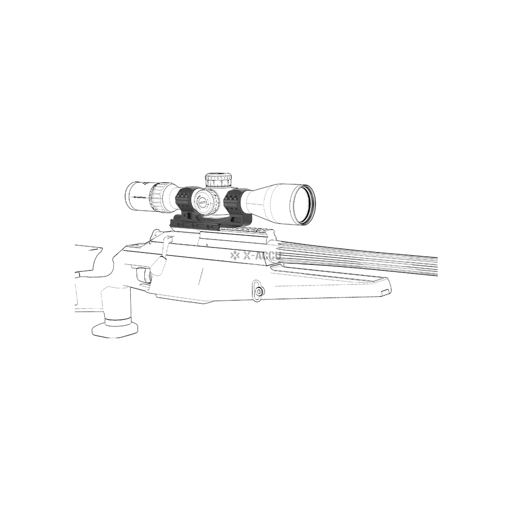 Line drawing of a rifle with a scope on a white background