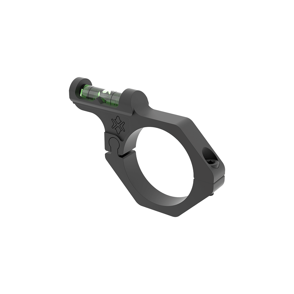 Black scope ring with green level on a white background