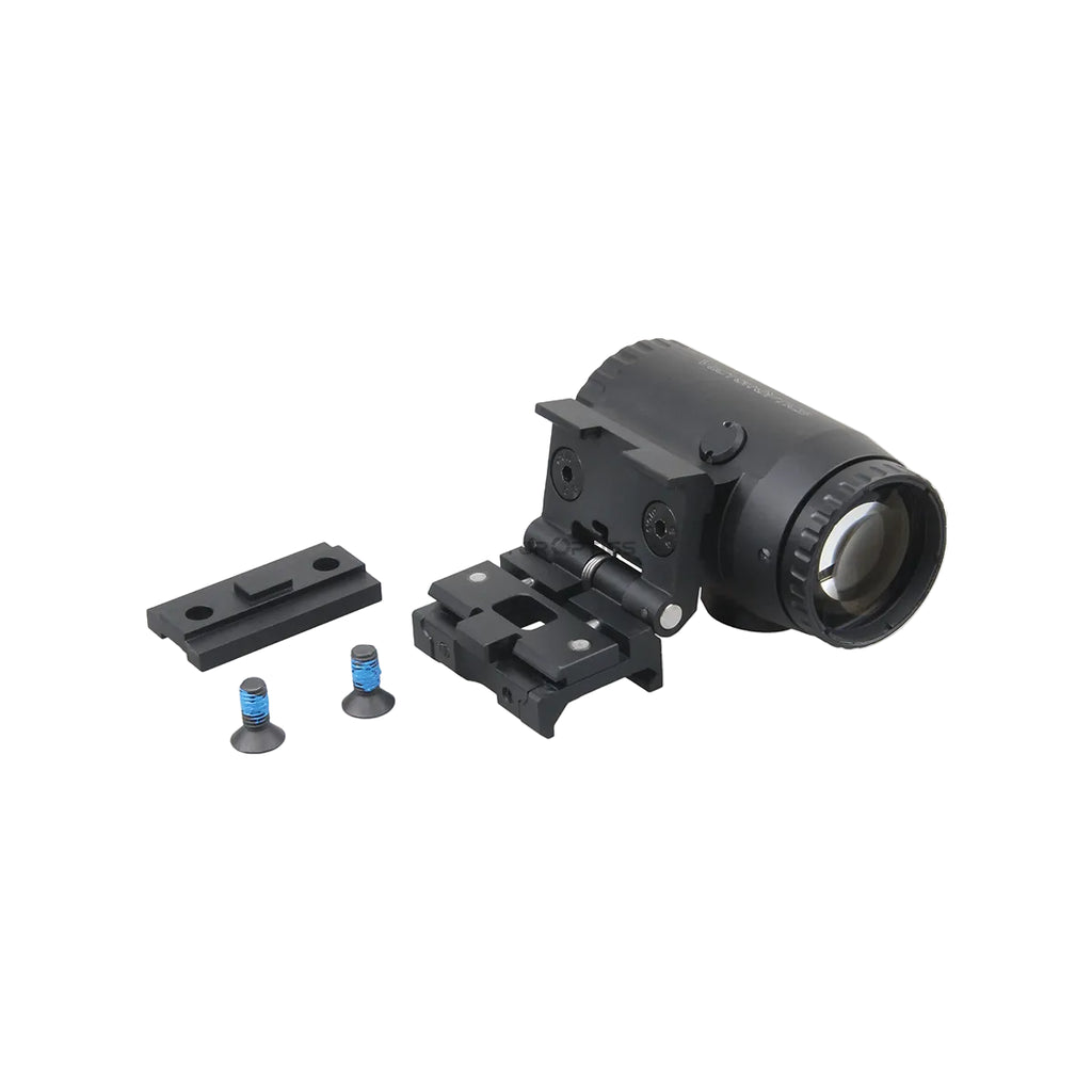 Black tactical scope with mounting hardware on a white background