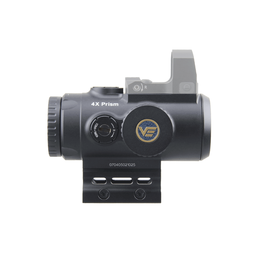 Black 4x prism scope with a logo on a white background
