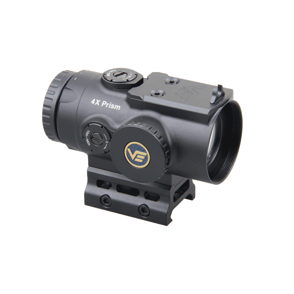 Black rifle scope with '4X Prism' label on a white background