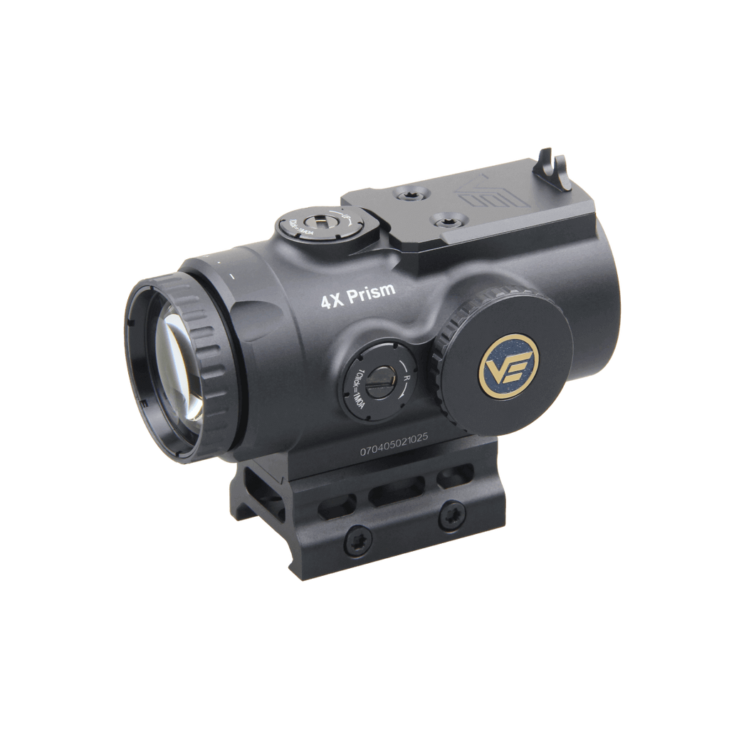 Black 4x prism scope with a visible brand logo on a white background
