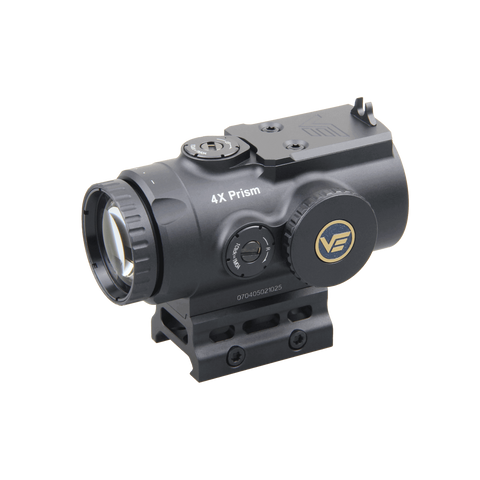 Black 4x prism scope with a visible brand logo on a white background