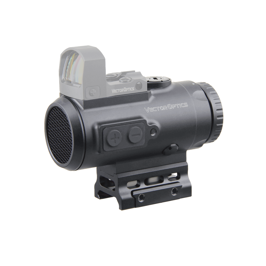 Red dot sight with Weaver brand on a white background