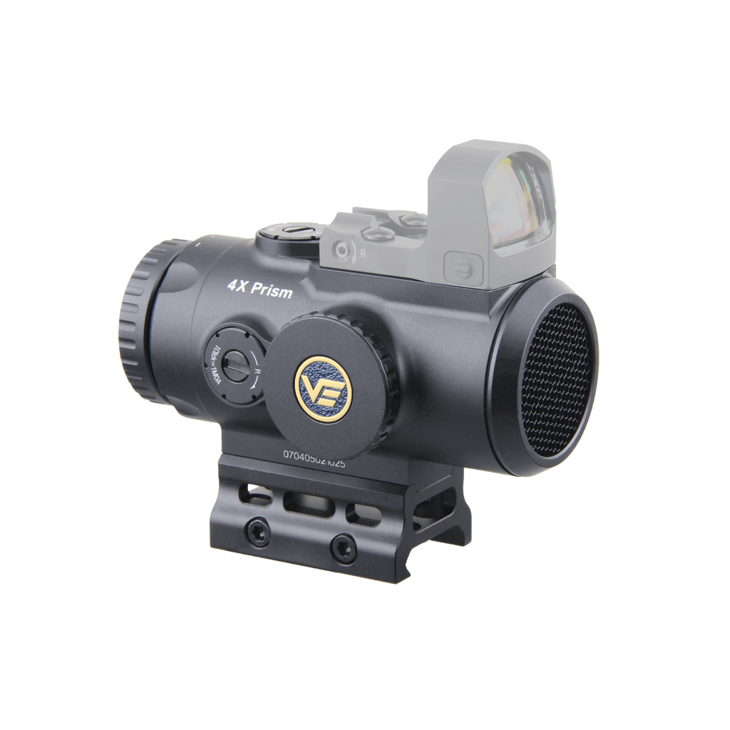 Black tactical sight with prism and mount on a white background