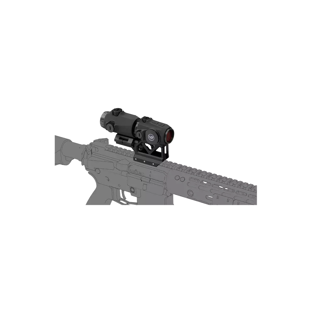 Rifle with a red dot sight on a white background