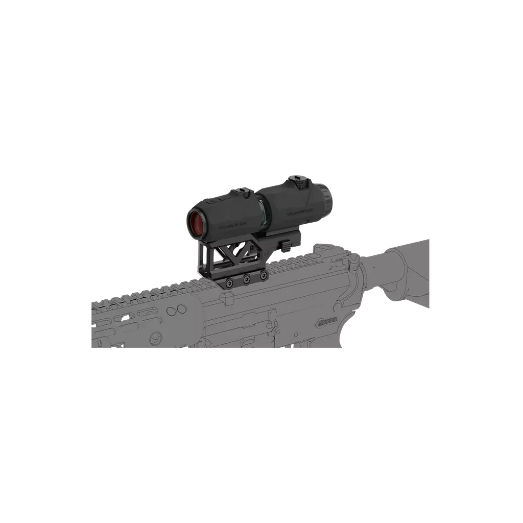 Rifle with a mounted scope on a white background