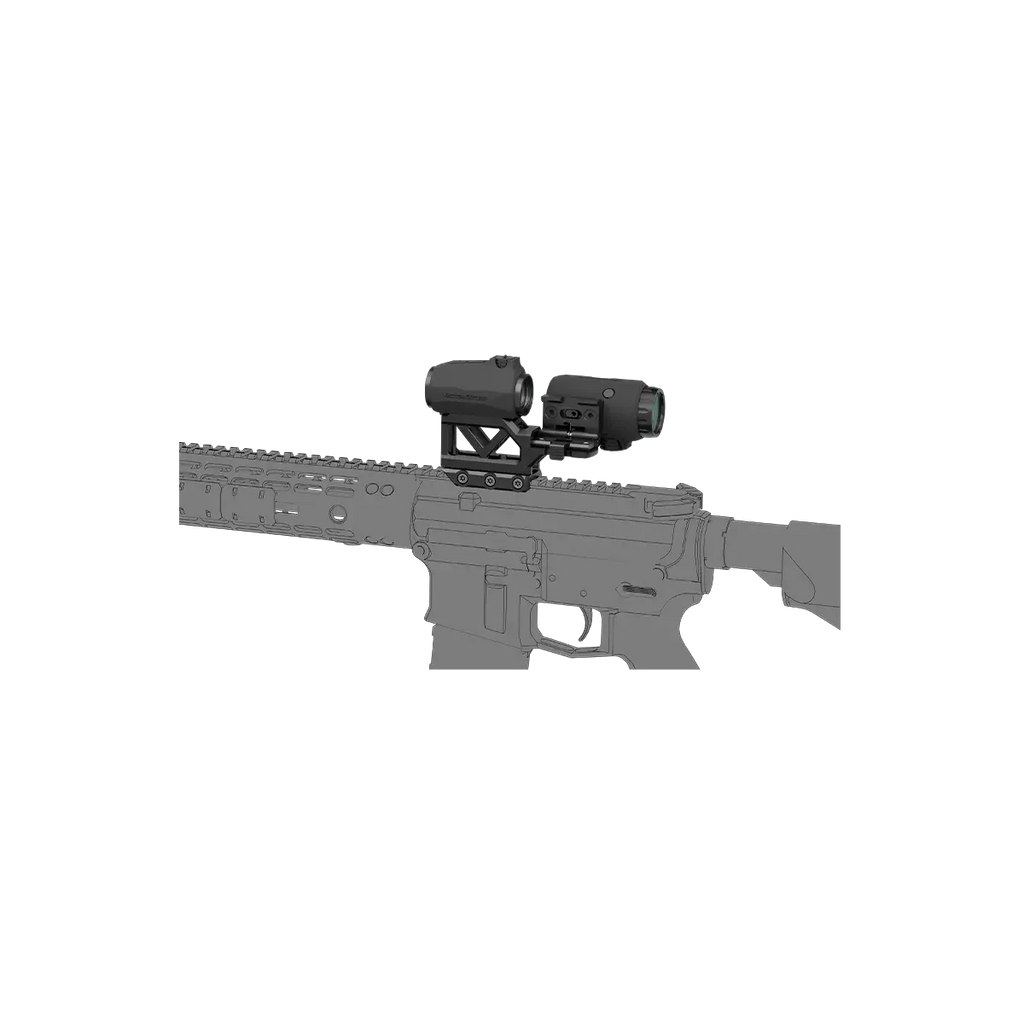 Gray rifle with mounted scope on a white background