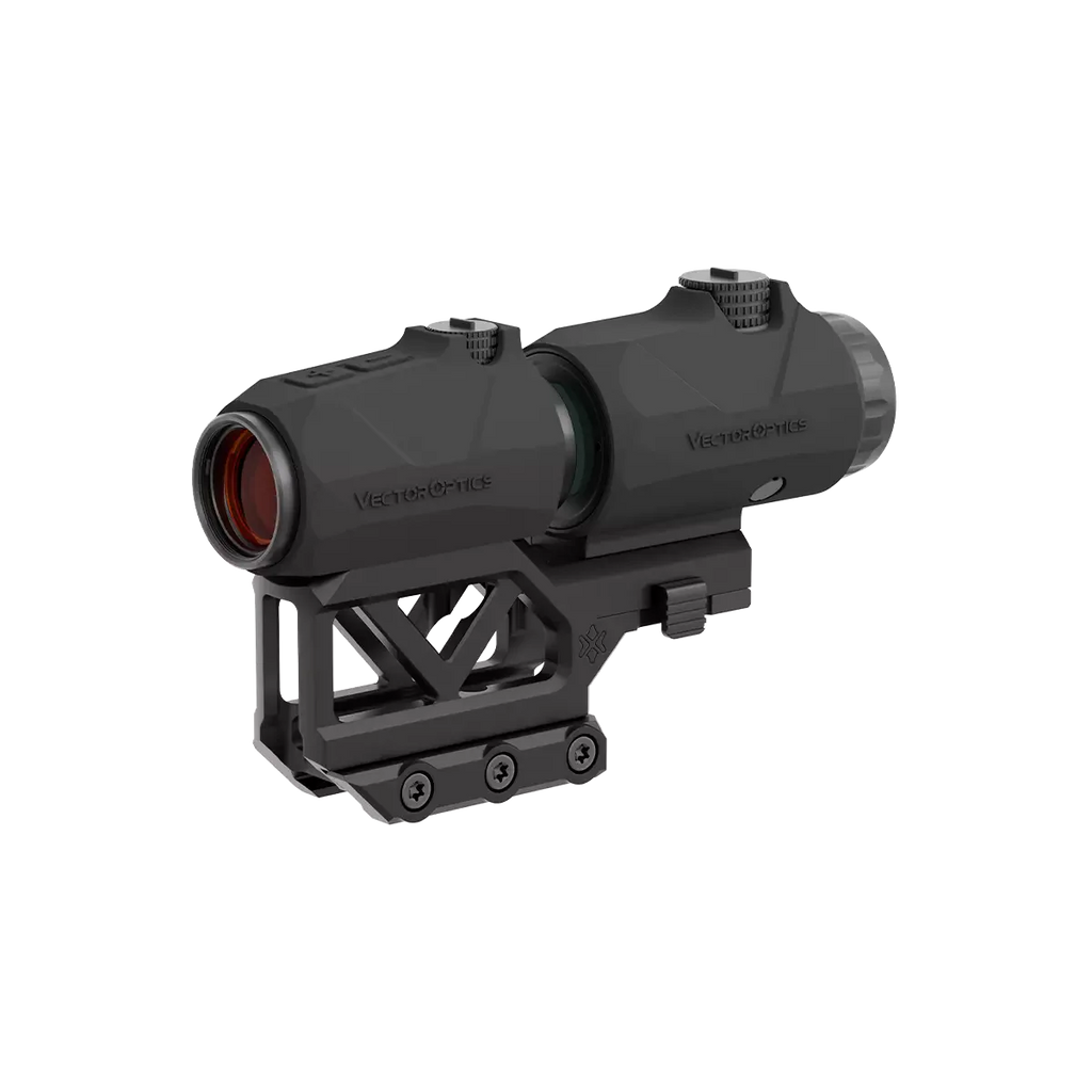 Red dot sight with a black finish on a white background
