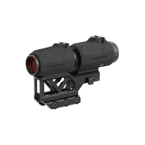 Red dot sight with a black finish on a white background