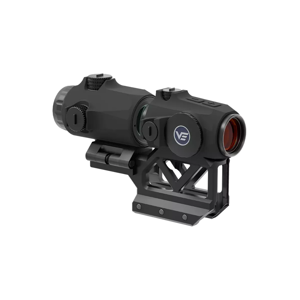 Black tactical sight with a visible brand logo on a white background