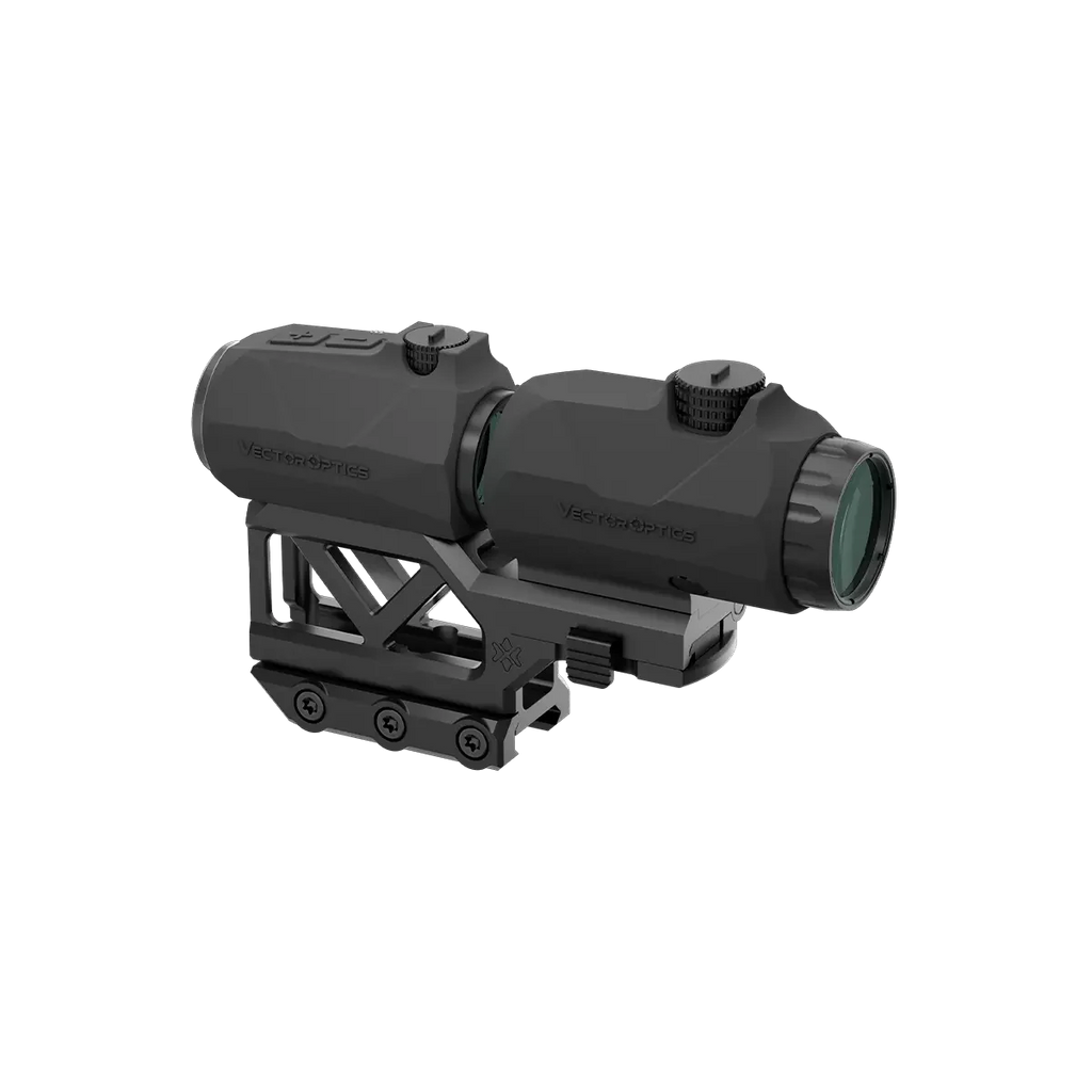 Black tactical scope on a white background