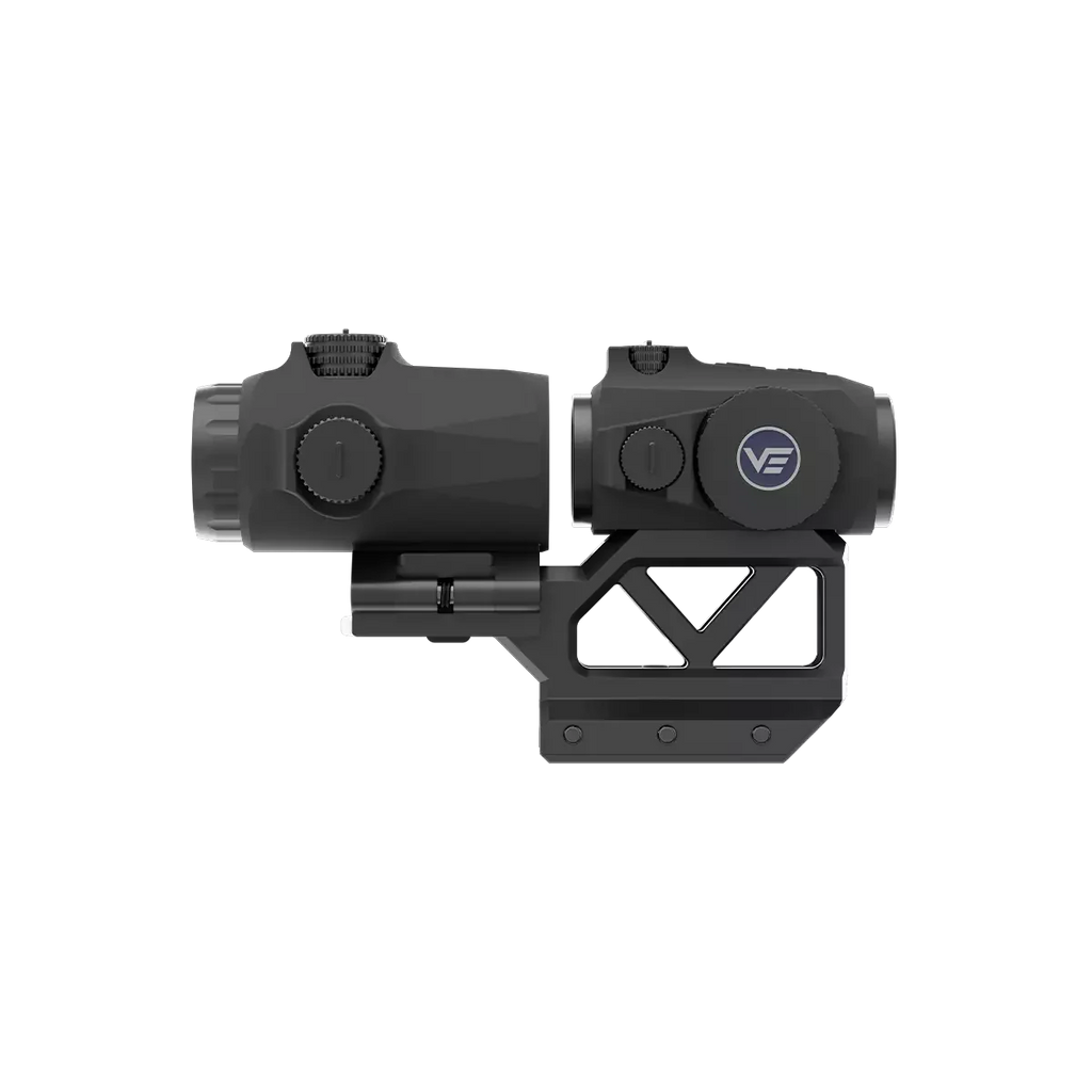 Black tactical sight with a visible brand logo on a white background