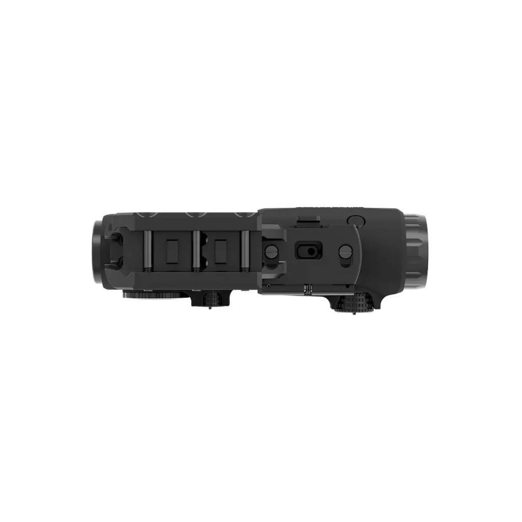 Black tactical flashlight on a white background