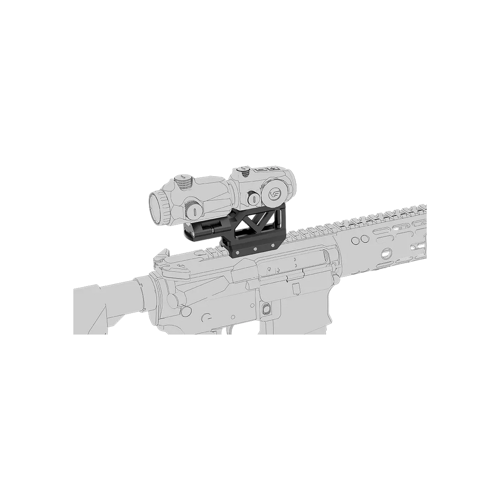 Diagram of a rifle with a scope on a white background