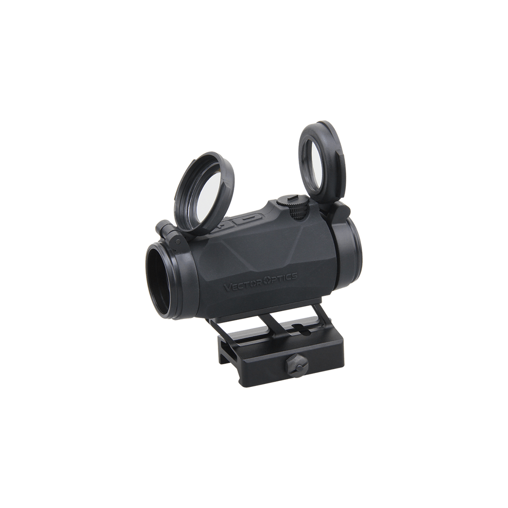 Black tactical scope on a white background